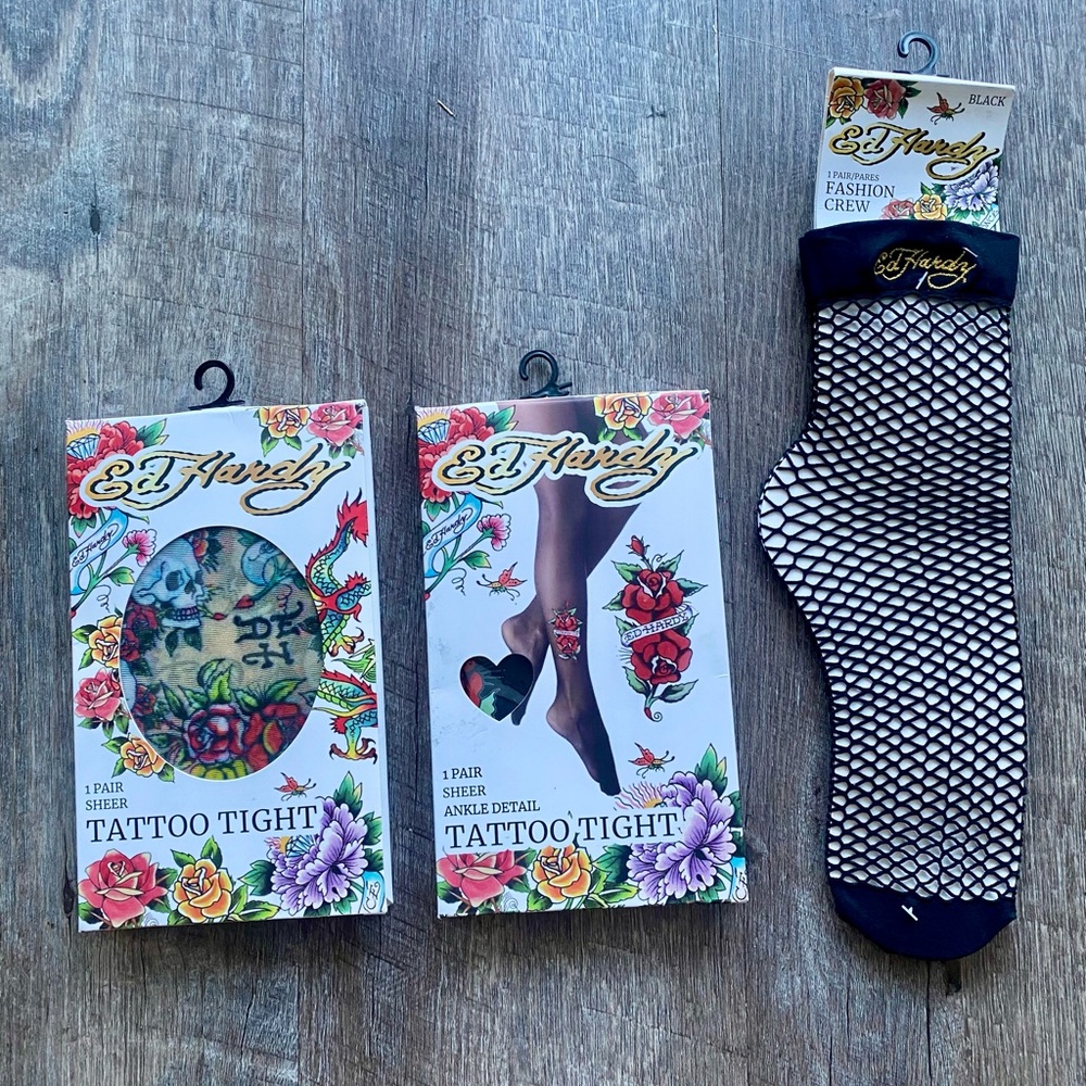 Ed Hardy Sheer Tights & Fishnet Crew Socks Bundle